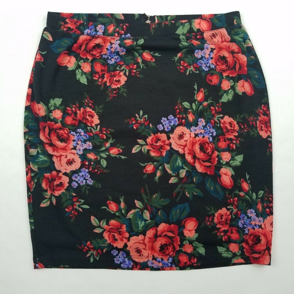 Forever 21 Juniors Floral Roses Midi Pencil Skirt